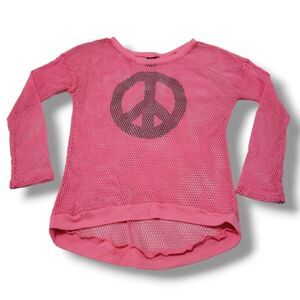 Hard Candy Top Size XL 15-17 Fishnet Shirt Cover Up Top Graphic Peace Logo Pink